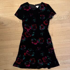 J. Crew Black Mini Dress with Pink and Green Floral Pattern